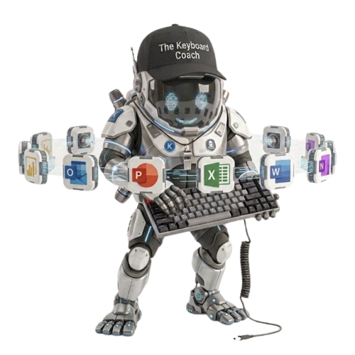 Keyboard Coach mascot - an astronaut-style robot wearing a cap labeled 'The Keyboard Coach', holding a keyboard with Microsoft Office app icons orbiting around it